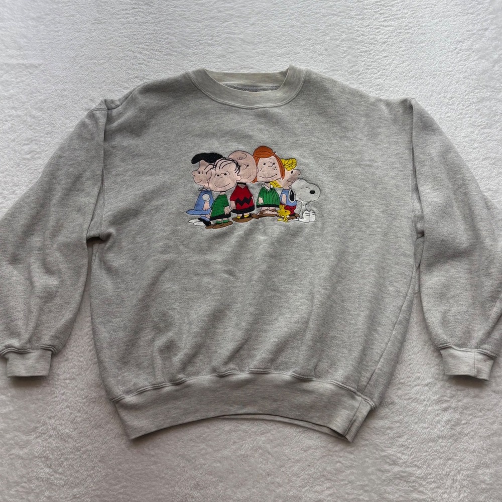 Vintage Peanuts Charlie Brown Snoopy Embroidered Gray Crewneck Sweatshirt Large